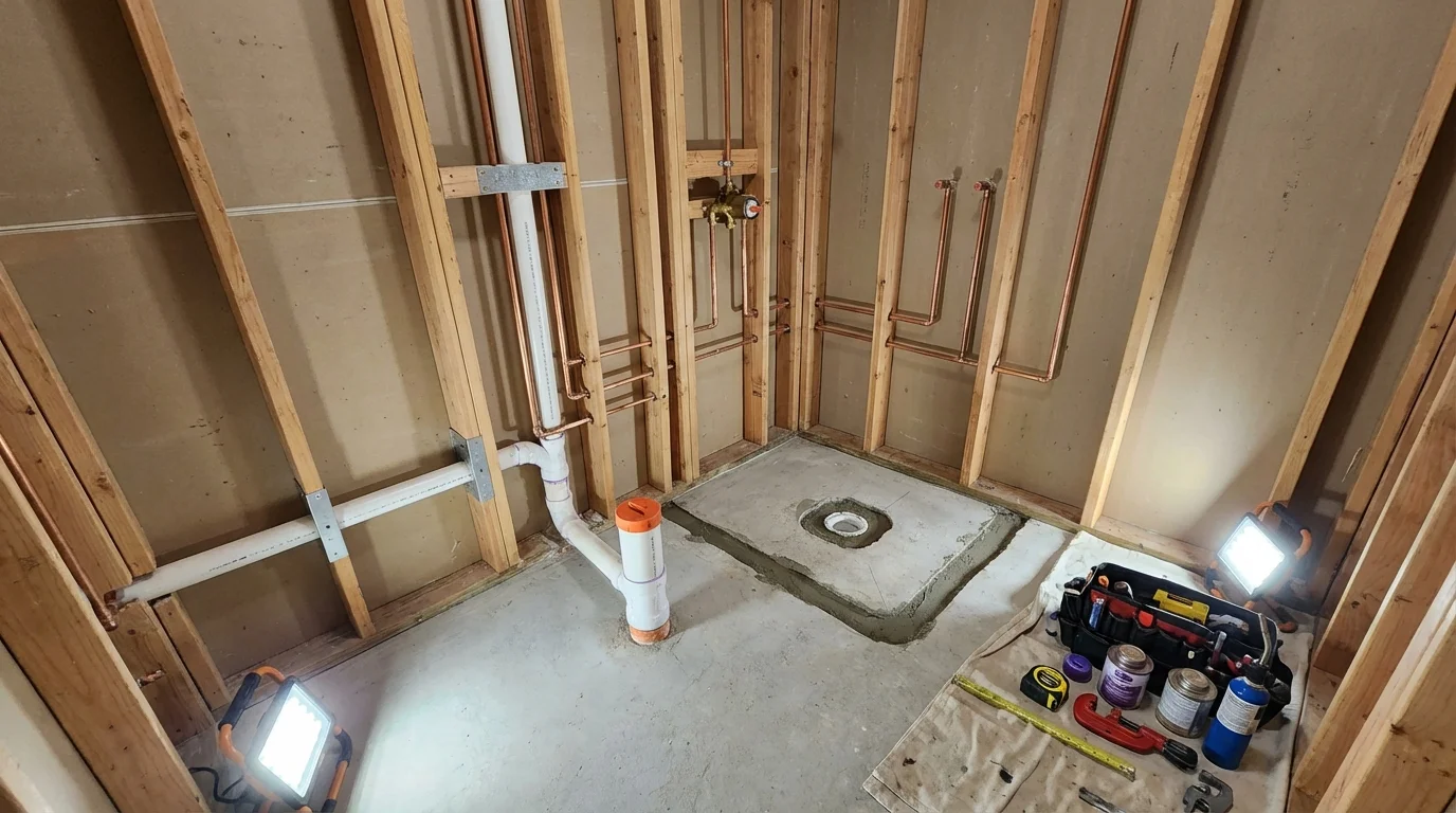 Bathroom rough-in plumbing during remodel by Johns Plumbing LLC in Grand Rapids