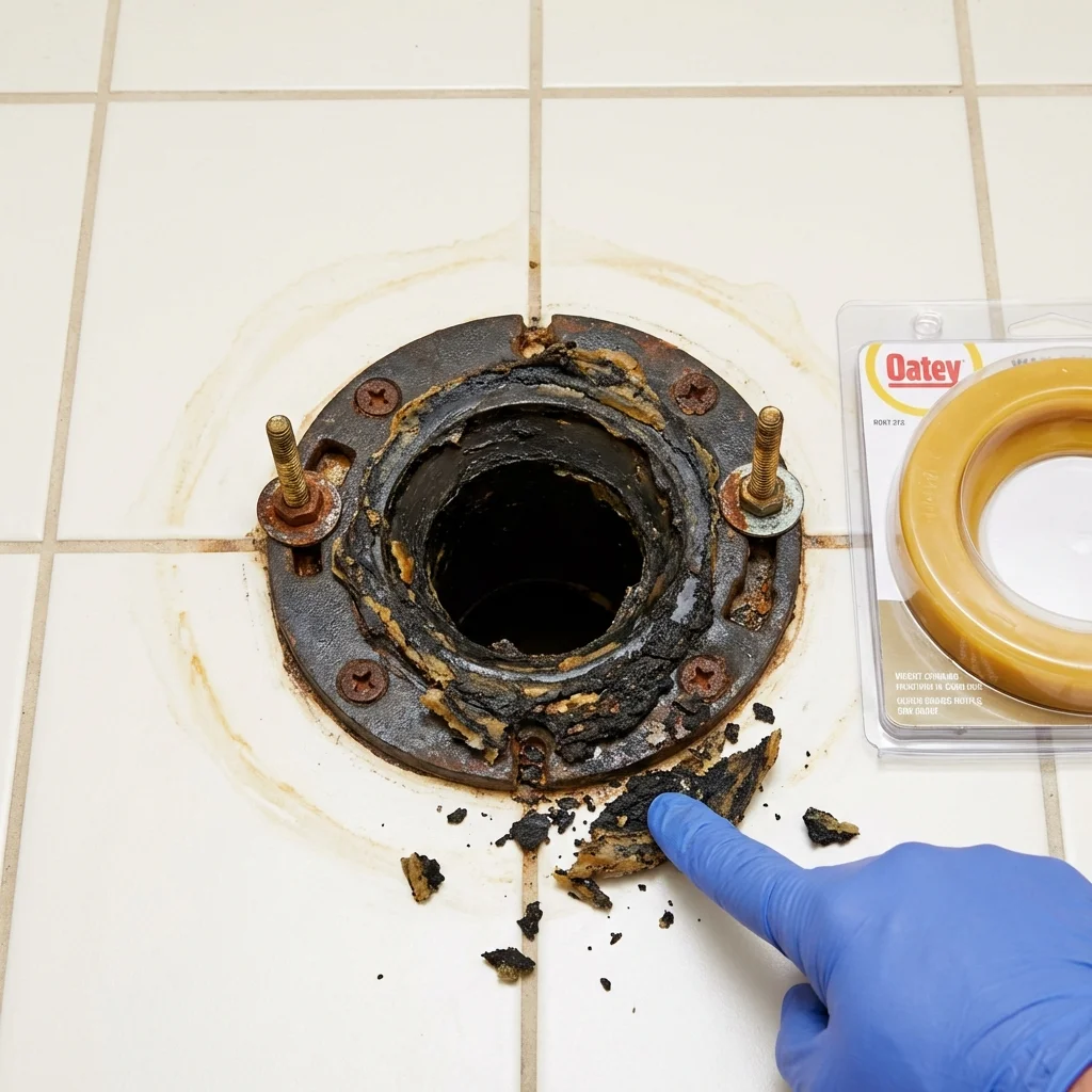 Failed wax ring showing water seepage at the base of a toilet in a Grand Rapids, MN home