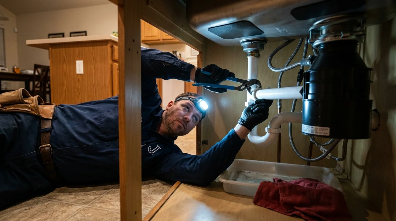 P-trap and supply line connections under a kitchen sink showing a common leak point in Grand Rapids, MN